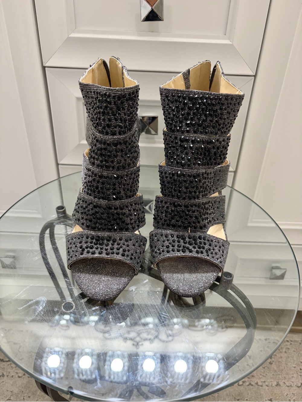 Jessica Simpson Rhinestone Evening Heels Gunmetal Sparkle Sandals Size 9.5